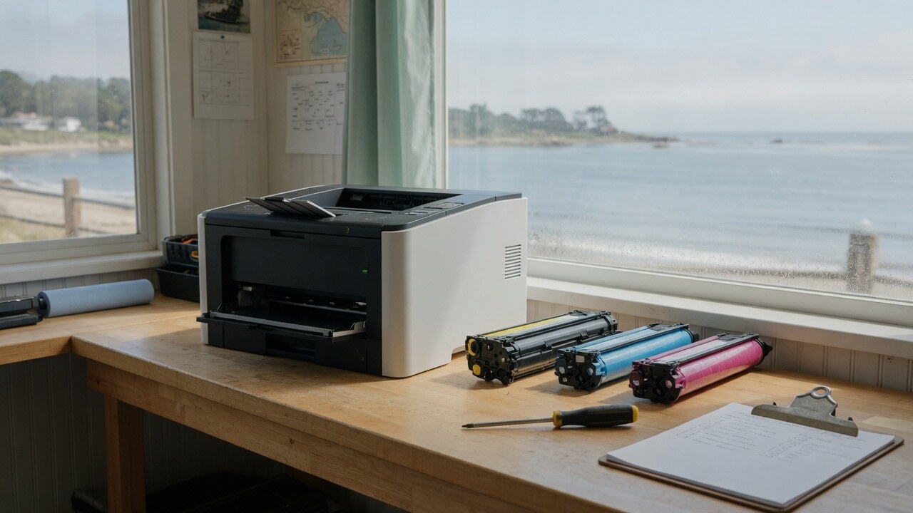 Laser printer, toner cartridges, and tools on a workbench overlooking the Monterey Bay coast
