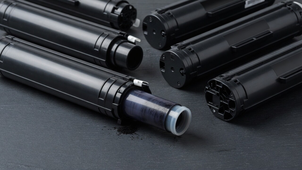 Black laser toner cartridges on a work surface